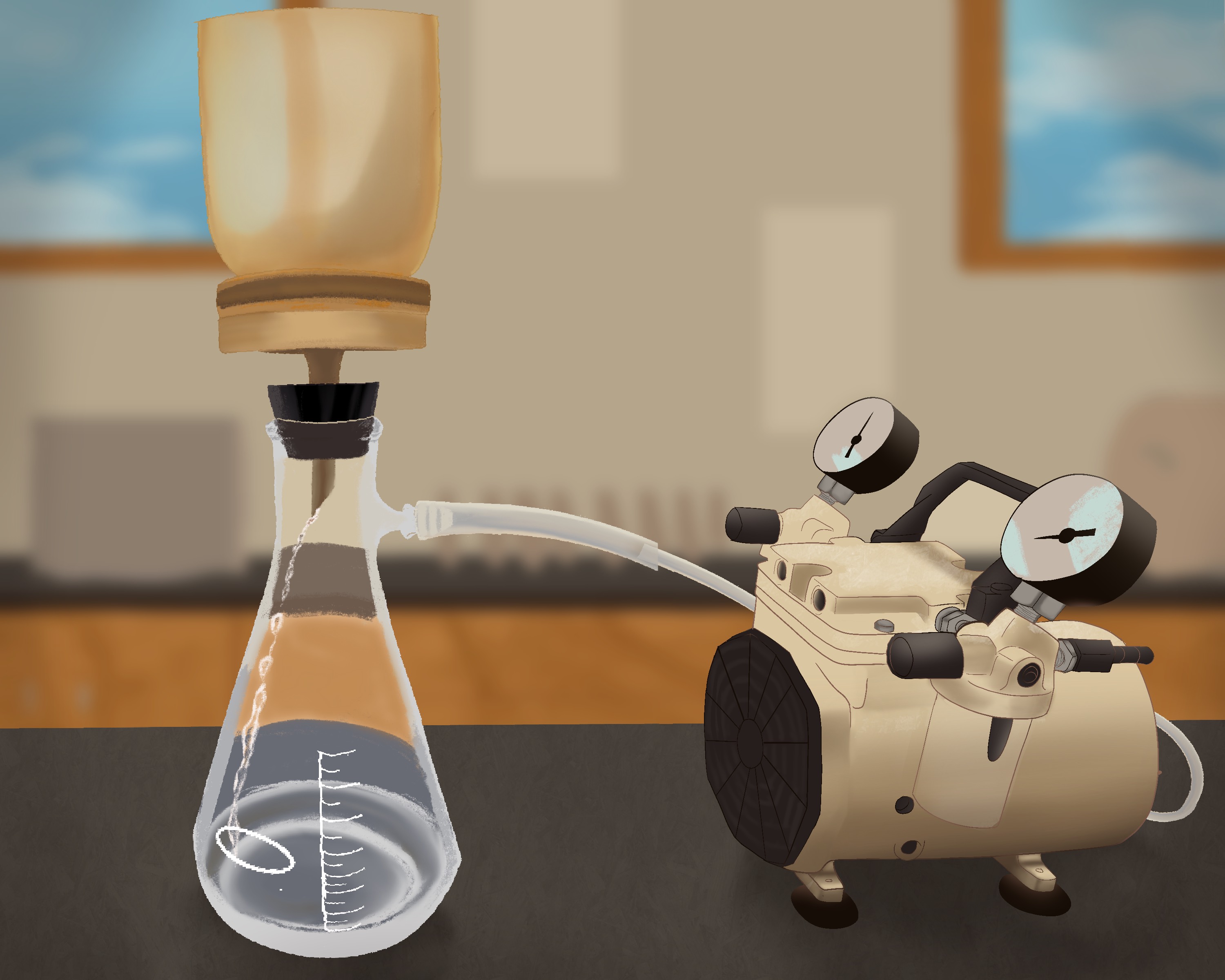 Artwork depicting a water sample being processed through a filter with a vacuum pump