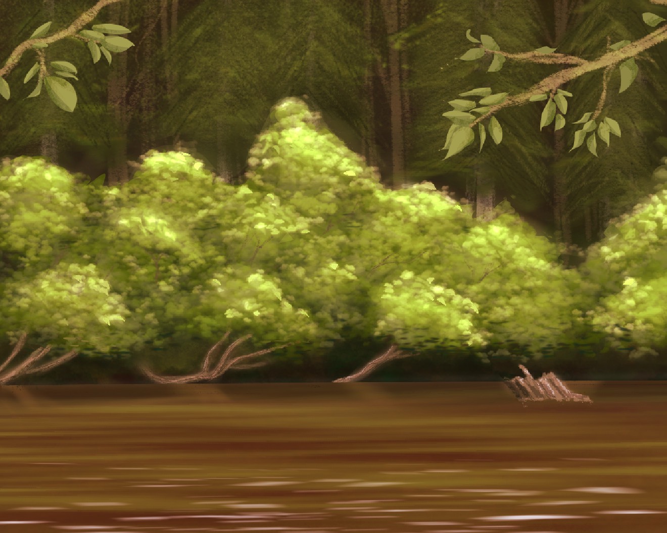 Digital artwork depicting a brown water creek with dense bushes along the bank and trees in the background.