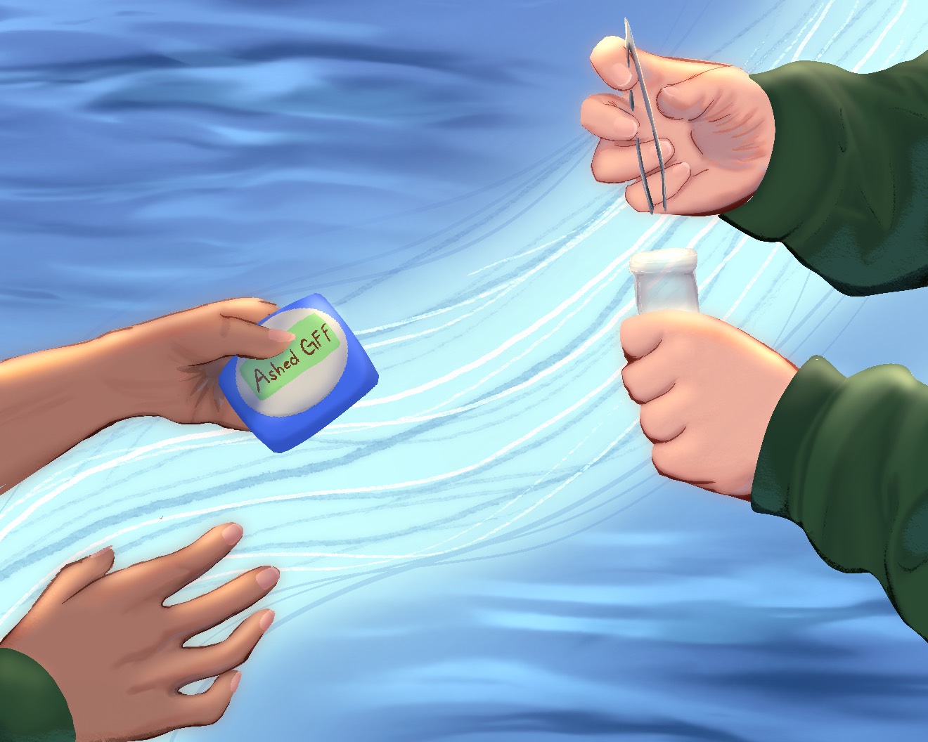 Artwork depicting two pairs of hands, one passing a filter to another holding forceps to pick out the filter without contaminating it.