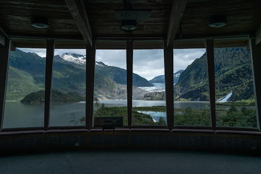 Artistic rendering of the view from the Mendenhall Glacier Visitor Center in 2040, based on the mid-range thinning rate scenario