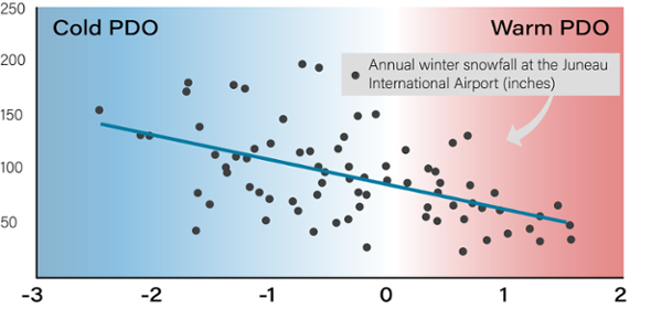 graph showing the Correlation between the Pacific Decadal Oscillation (PDO), which reflects sea surface temperatures in the North Pacific. Annual winter snowfall shows a modest downward trend between 1940 and 2020.