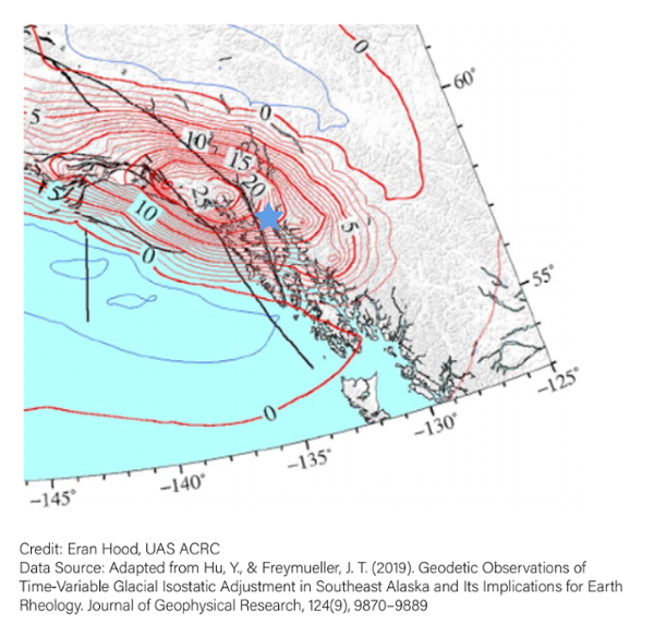map showing Land surface uplift rates predicted by a glacial isostatic adjustment model (including the Last Glacial Maximum components) for southeast Alaska.